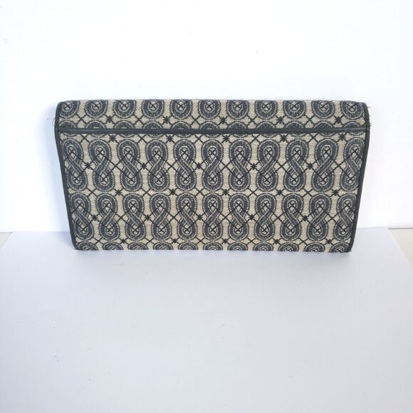 Anna Sui Wallet Clutch Gray Black Envelope Leather Canvas Boho Geometric Large - Picture 3 of 12